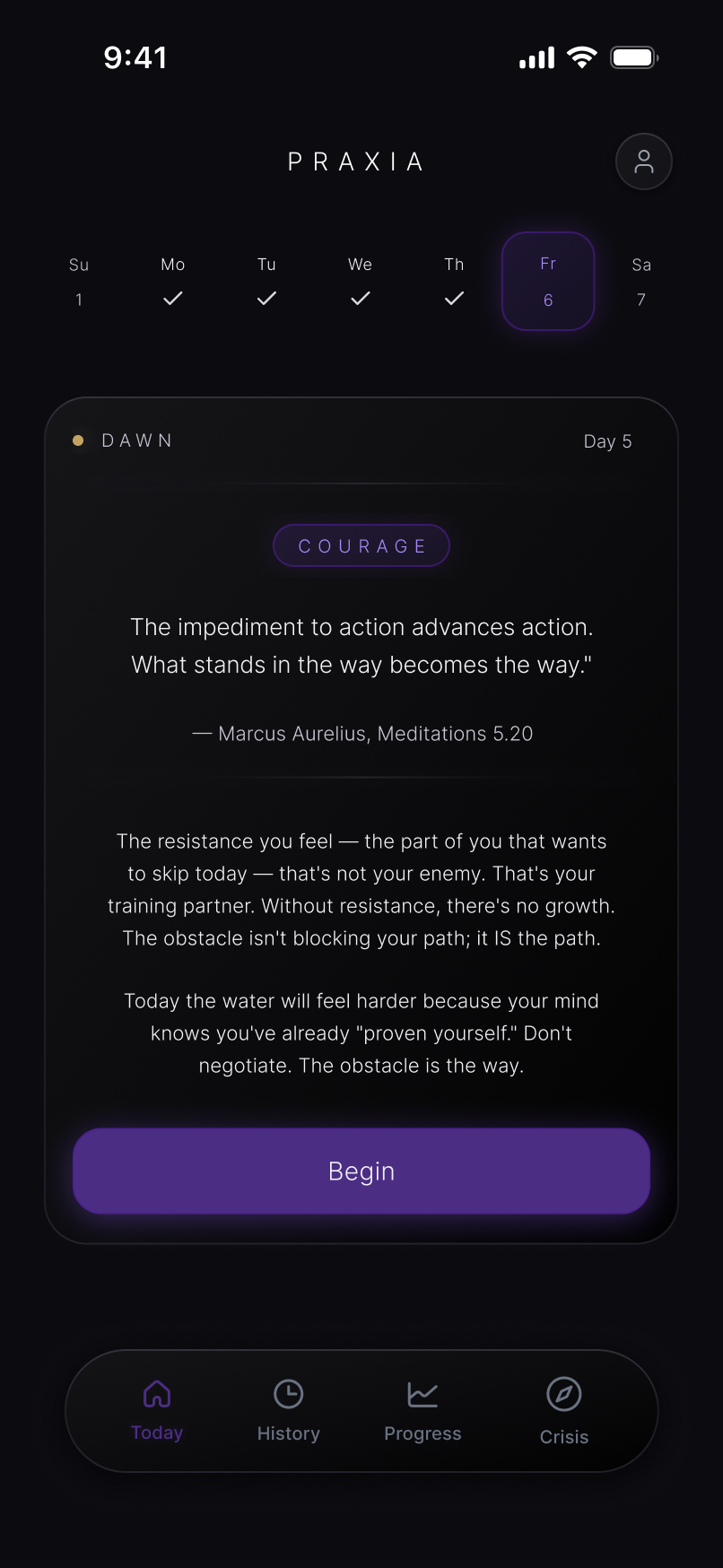 PRAXIA app home screen